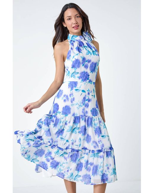 Roman Blue Floral Halterneck Chiffon Tiered Midi Dress