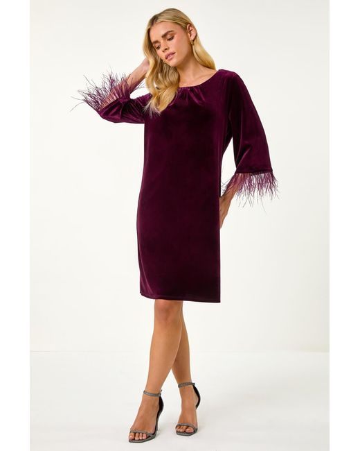 Roman Petite Red Velvet Feather Trim Stretch Dress