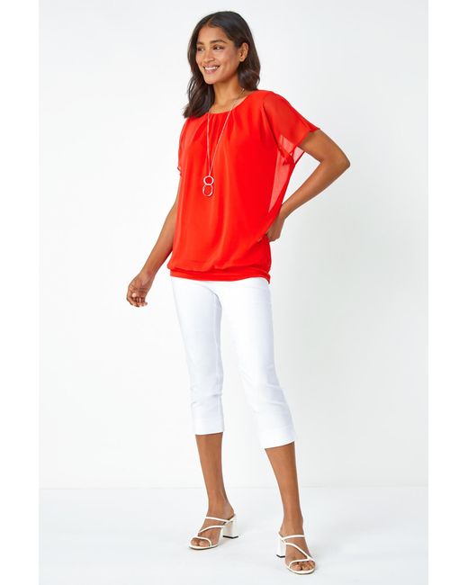 Roman Red Chiffon Jersey Blouson Top With Necklace