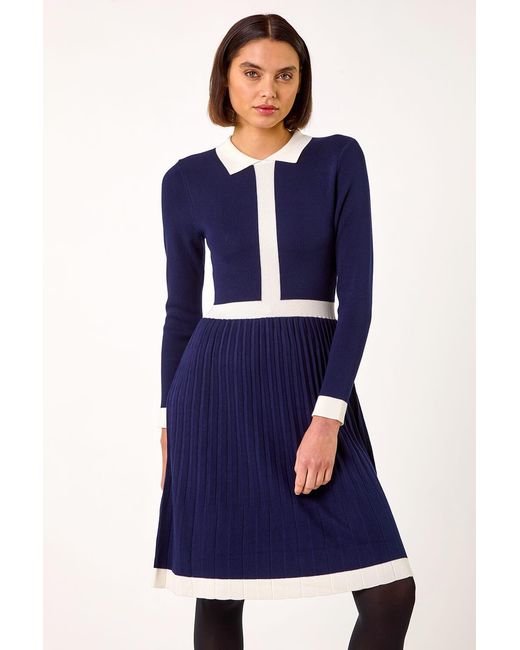 Roman Blue Contrast Collar Knitted Dress