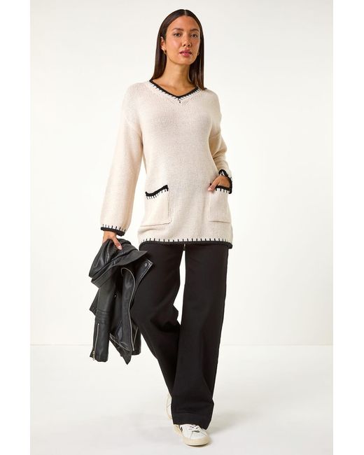 Roman Black Blanket Stitch V-Neck Knitted Jumper