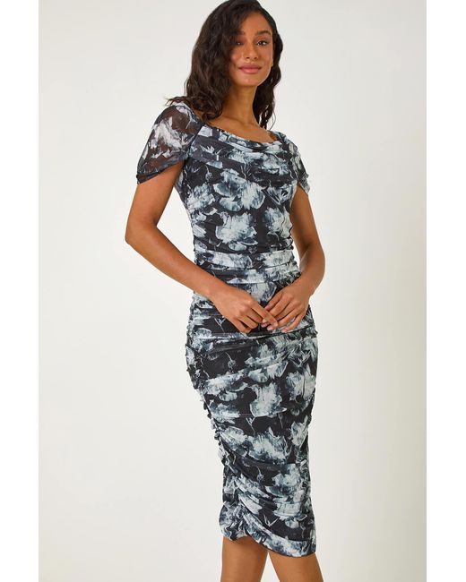 D.u.s.k Blue Ruched Mesh Stretch Dress