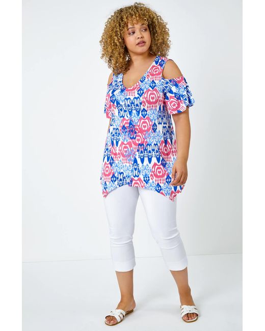 Roman Curve Blue Abstract V-Neck Cold Shoulder Top