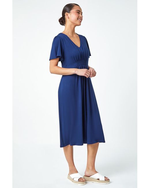 Roman Petite Blue Pleated Midi Stretch Dress