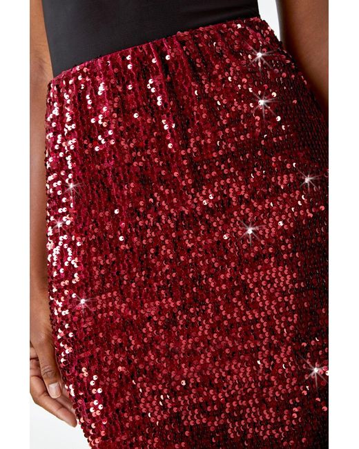 Roman Red Sequin Embellished Velour Stretch Skirt