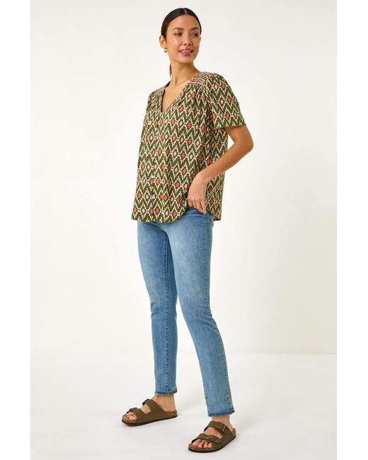 Roman Blue Printed Shirred Shoulder Blouse