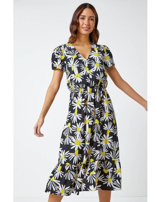 Roman White Daisy Print Blouson Midi Dress