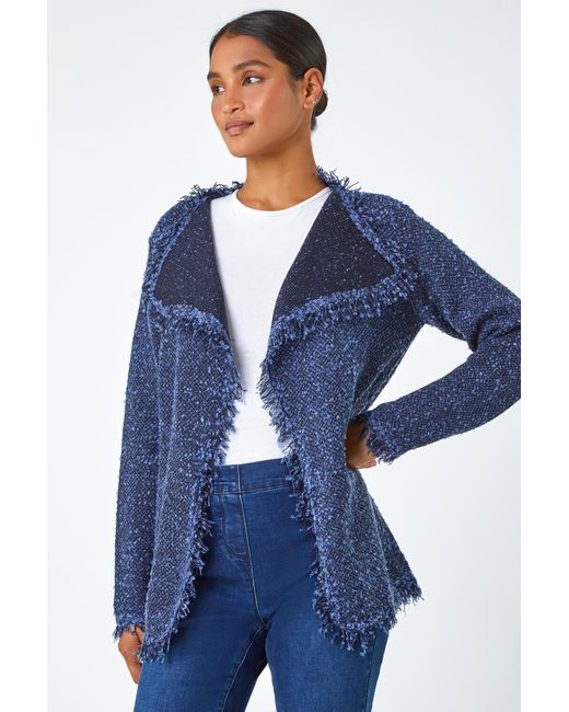 Roman Blue Fringed Boucle Contrast Cardigan