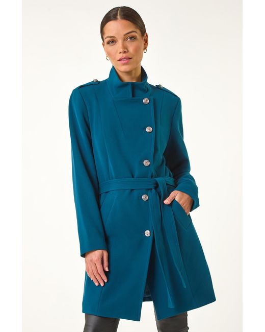 Roman Blue Funnel Neck Buttoned Coat