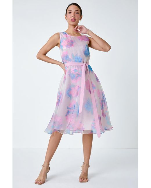 Roman Pink Floral Print Chiffon Organza Fit & Flare Dress