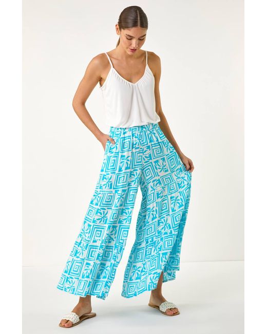 Roman Blue Palm Tile Print Tiered Palazzo Trouser