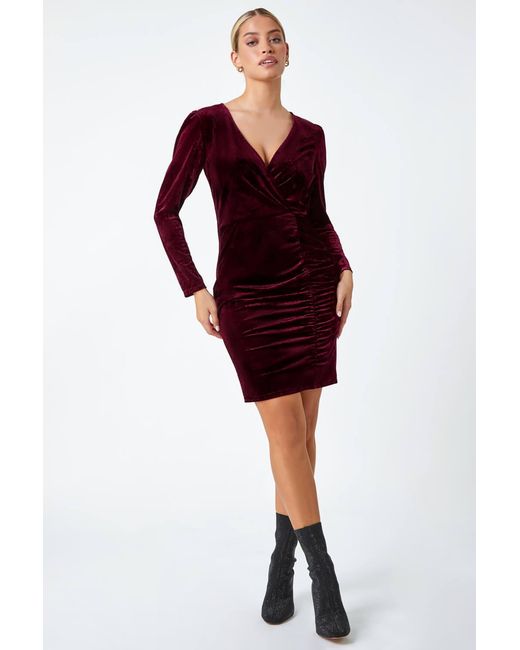 D.u.s.k Red Velvet Ruched Waist Bodycon Wrap Dress