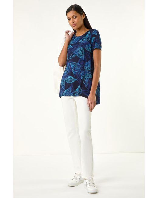 Roman Blue Leaf Print Stretch Tunic Top