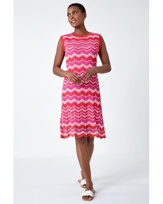 Roman Pink Zig Zag Print Knitted Shift Dress