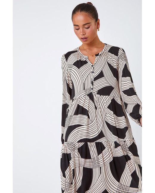 Roman Petite Gray Linear Print Tiered Stretch Dress