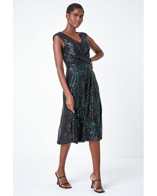 Roman Blue Sequin Twist Front Midi Stretch Dress