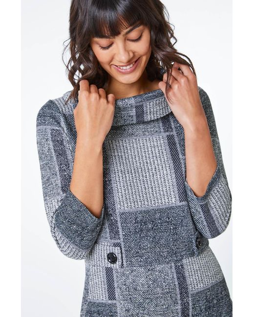 Roman Blue Patchwork Cowl Neck Button Detail Dress