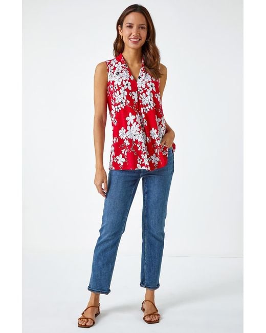 Roman Textured Floral Print Sleeveless Top