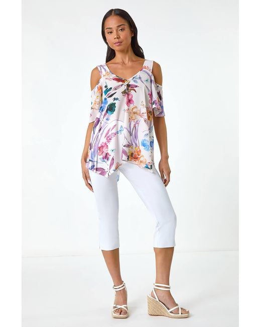 Roman Petite Red Floral Print Cold Shoulder Top