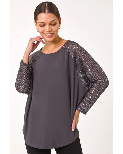 Roman Gray Sequin Sleeve Tunic Stretch Top