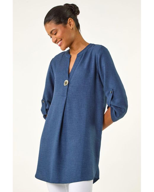 Roman Blue Horn Button Detail Longline Top