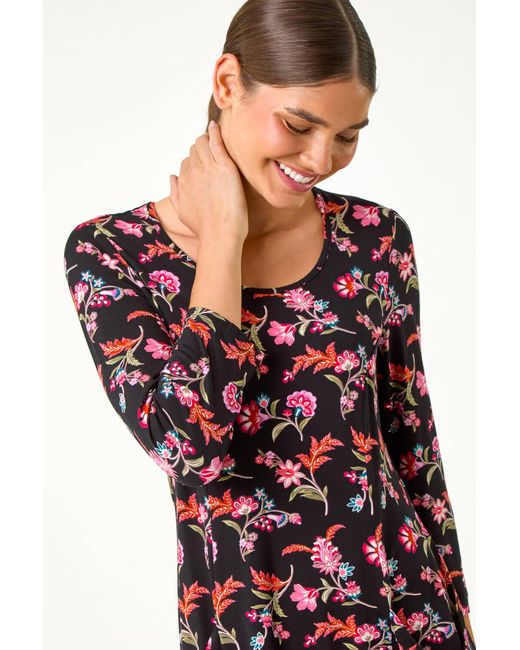 Roman Red Floral Print Stretch Tunic Top