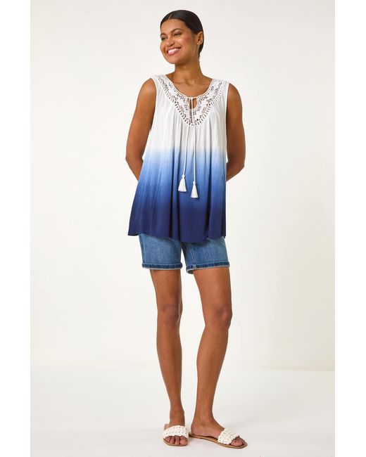 Roman Blue Cotton Lace Detail Ombre Vest Top
