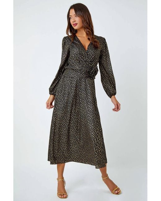 Roman Black Metallic Star Print Corsage Midi Wrap Dress