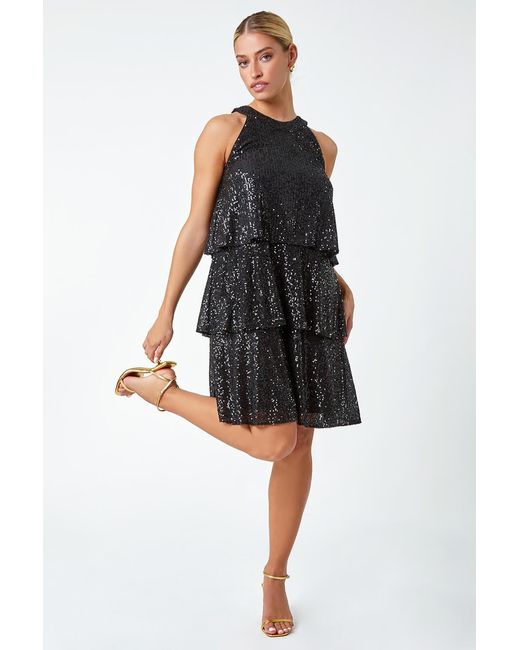 D.u.s.k Black Sequin Embellished Tiered Stretch Dress
