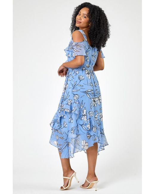 Roman Petite Blue Floral Cold Shoulder Chiffon Midi Dress