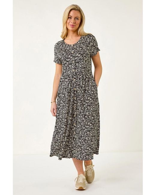 Roman Petite Black Abstract Print Button Shirt Dress