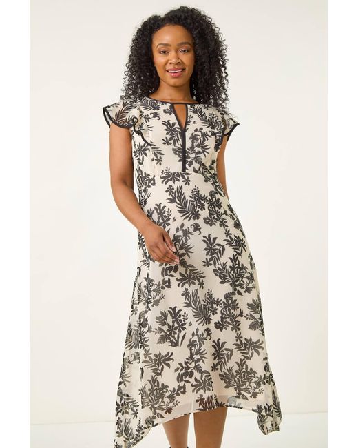 Roman Petite Black Floral Print Tipped Edge Midi Dress