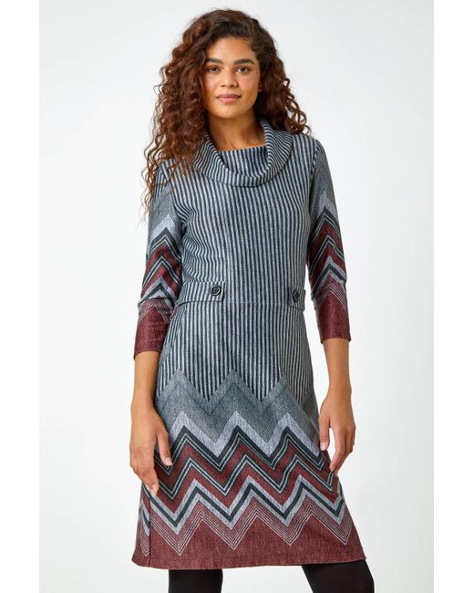 Roman Blue Zig Zag Border Print Tunic Stretch Dress