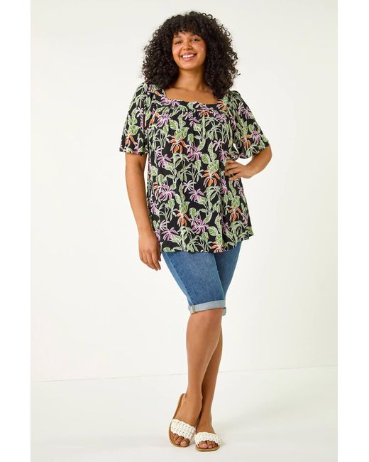 Roman Curve Black Tropical Print Square Neck Top