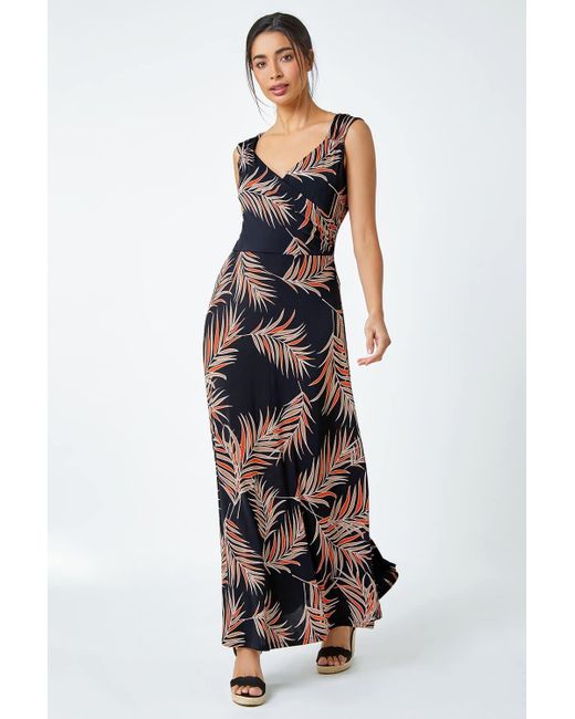 Roman Black Tropical Puff Print Wrap Maxi Dress