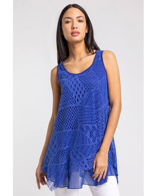 Roman Blue Stretch Lace Hanky Hem Vest Top