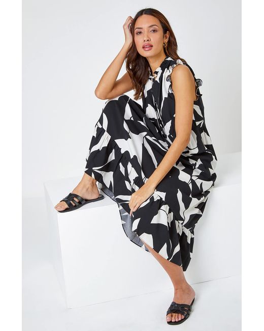 Roman Black Abstract Print Frill Detail Midi Dress