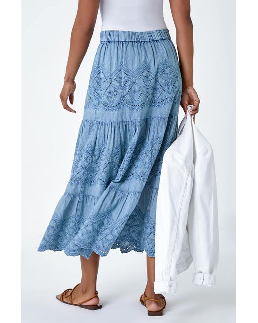 Roman Blue Broderie Elastic Waist A Line Tiered Midi Skirt