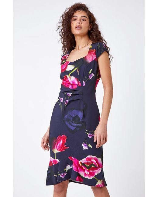 Roman Blue Floral Frill Premium Stretch Ruched Dress