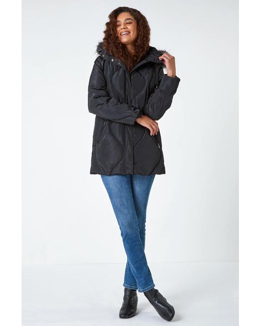Roman Blue Quilted Faux Fur Hooded Coat