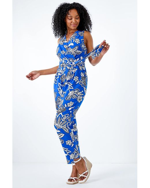 Roman Petite Blue Wrap Front Belted Jumpsuit