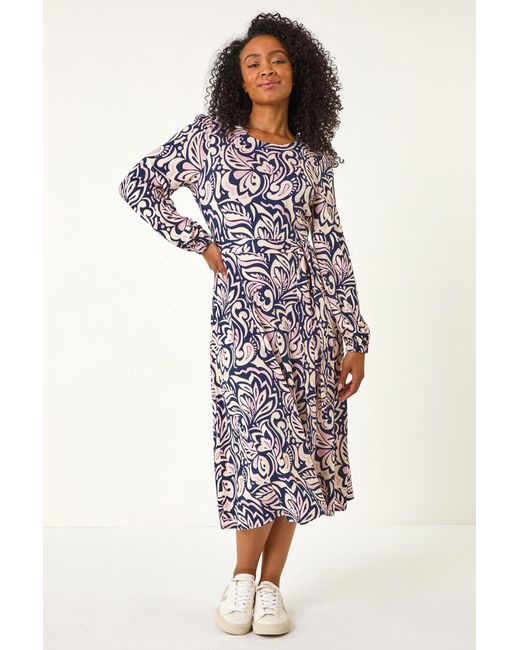 Roman Petite Blue Abstract Print Midi Dress