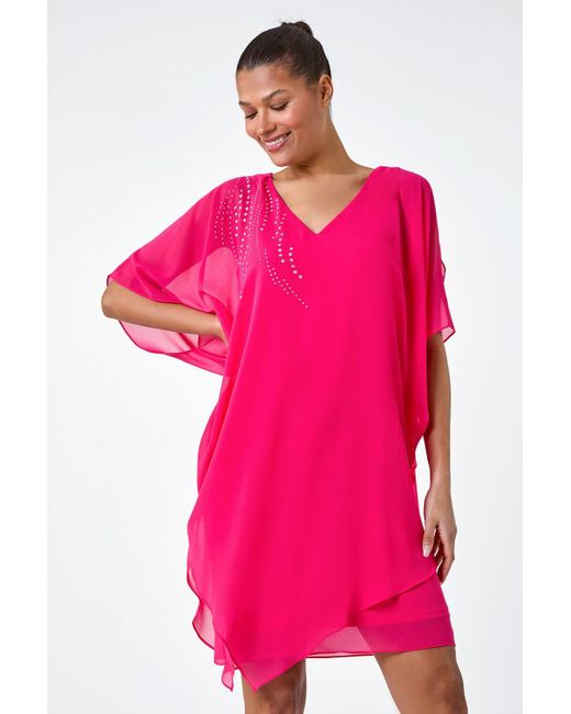 Roman Pink Embellished Cold Shoulder Overlay Dress