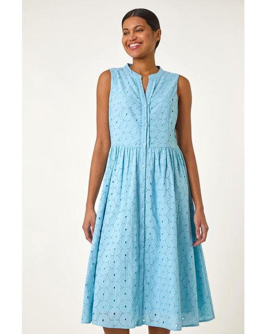 Roman Blue Cotton Broderie V-Neck Midi Dress