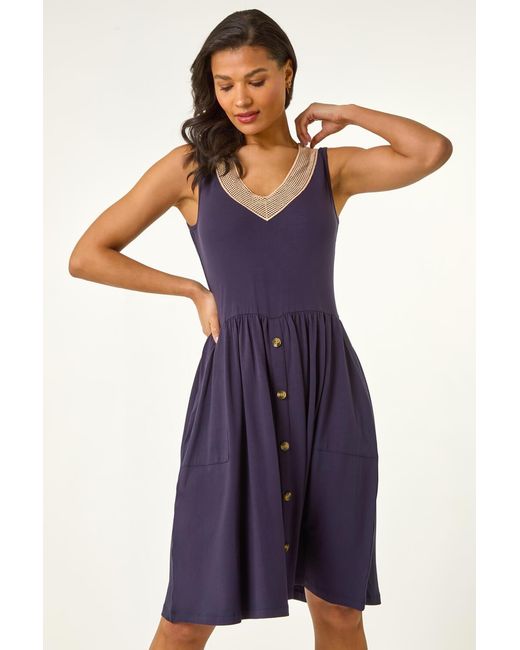 Roman Blue Contrast V-Neck Stretch Dress