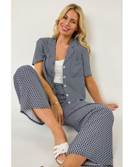 Roman Petite Blue Geometric Buttoned Blouse