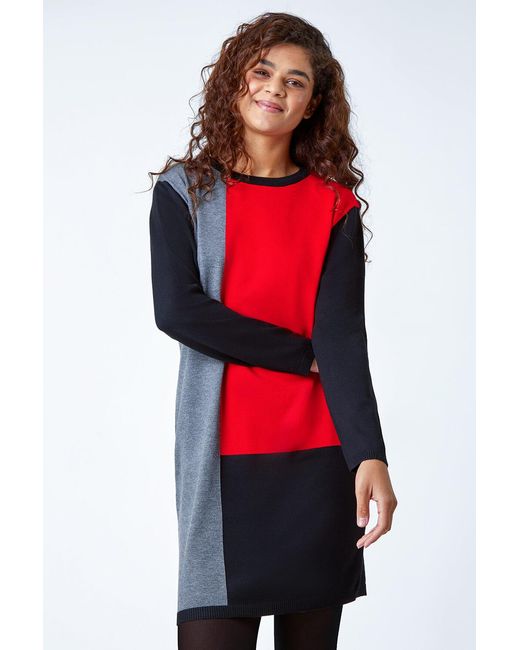 Roman Red Colour Block Knitted Jumper Dress