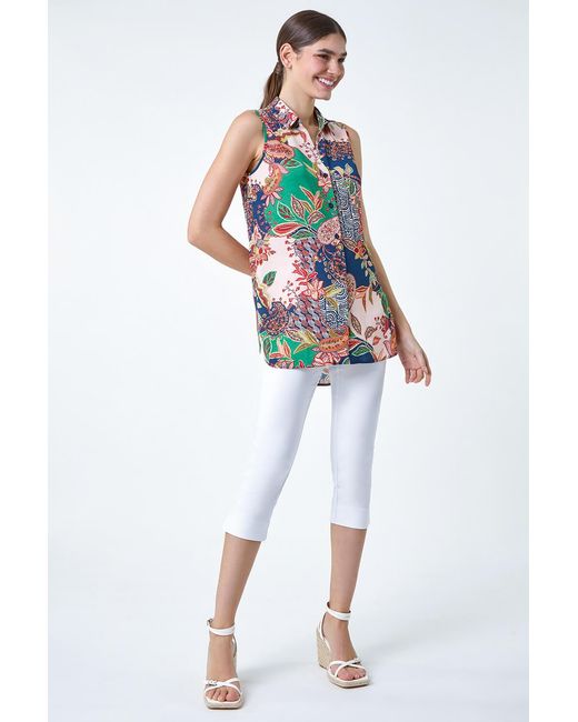 Roman Green Paisley Floral Print Sleeveless Button Blouse