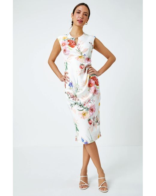 Roman White Floral Print Ruched Midi Dress