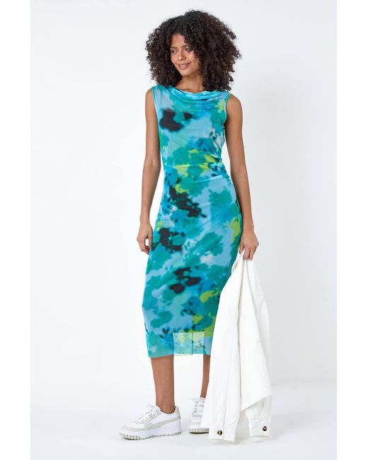 Roman Blue Dusk Fashion Abstract Print Stretch Mesh Midi Dress